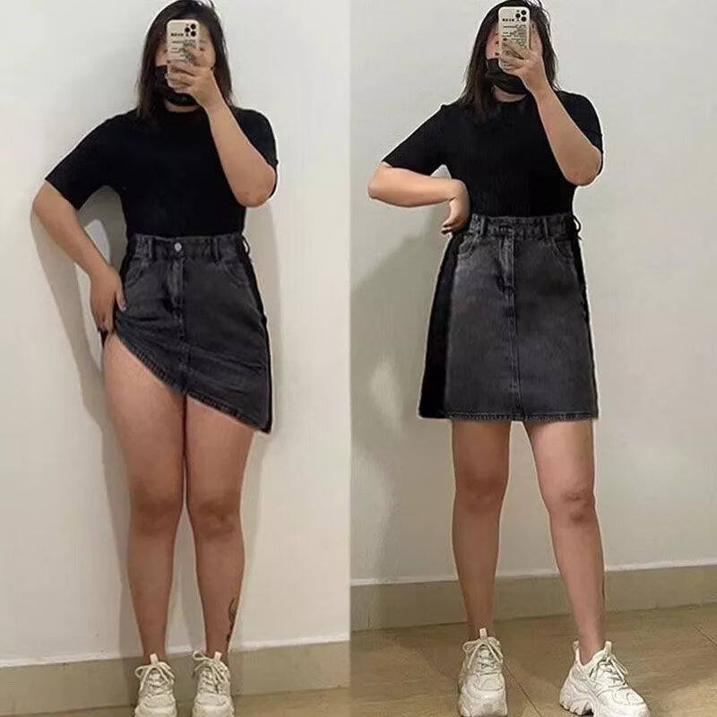 元乐申适合腿粗胯大牛仔短裙女胖妹妹斤大码高腰梨型身材a字半身裙