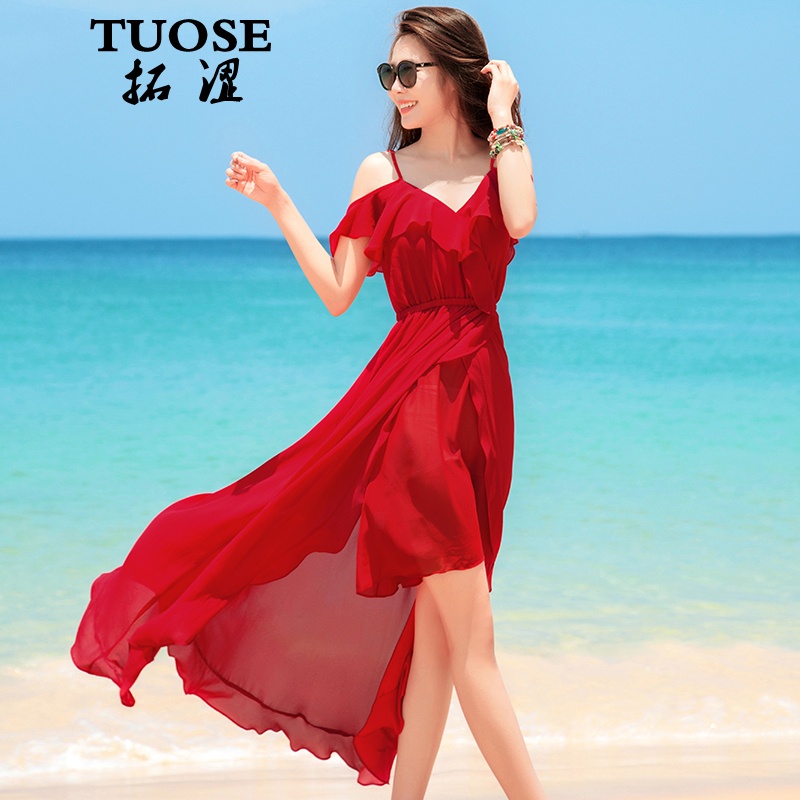 拓涩（TUOSE）红色沙滩裙 香港潮牌海边度假夏季新品白色雪纺吊带裙海滩波西米亚长裙 红色 M