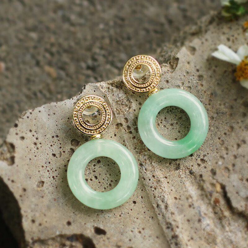彩芷天然翡翠镶嵌耳钉 原创复古圆圈花纹平安扣玉石耳环甜甜圈 红色