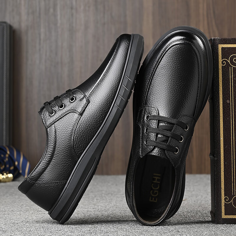 宜驰（EGCHI）皮鞋男商务休闲正装鞋头层牛皮耐磨透气圆头系带鞋 J6627 黑色 40高性价比高么？