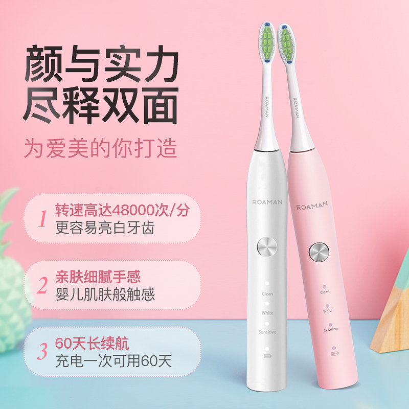罗曼(ROAMAN) 电动牙刷成人情侣款男士女士礼物全自动充电式软毛三档模式智能牙刷教师节礼物T5 粉色【超值六刷头】