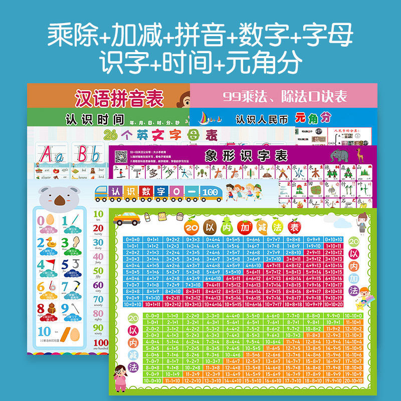 幼儿园宝宝认数字1到100数字挂图儿童早教百数表教具一年级墙贴 【8张