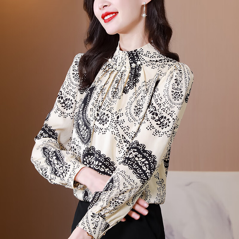 wvhk23年新款真丝衬衫女士长袖打底衬衣春秋季老妈小衫洋气桑蚕丝碎花