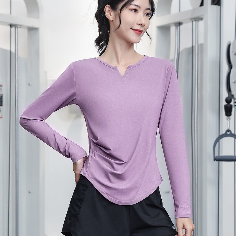 大码胖mm大码瑜伽上衣女长袖跑步运动t恤速干胖mm健身服套 紫色/单件