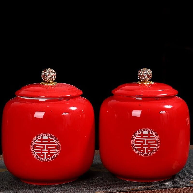 oqb南洋红双喜50支罐装红色结婚喜糖罐婚庆陶瓷密封罐子定制带盖一对