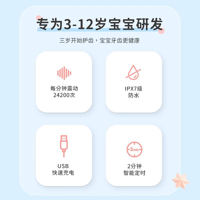 奥克斯(AUX)儿童电动牙刷4-6-15岁以上孩子全自动充电声波式刷牙初高中小学生送礼物升学儿童节礼物 基础款天空蓝【4刷头+三种模式】