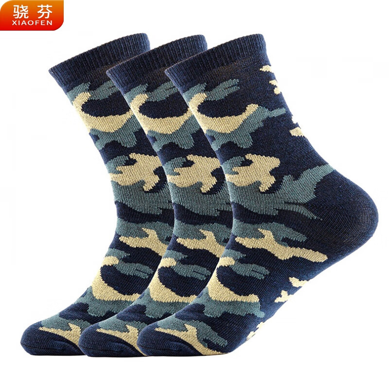 骁芬春秋男士中筒宏麻迷彩军绿色短袜袜工作劳保袜子 迷彩蓝5双 均码