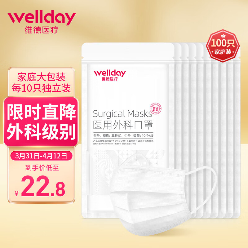 维德医疗 一次性医用外科口罩100只虎年口罩无菌级防沙尘暴防飞沫口罩透气清薄三层挂耳式10只*10袋