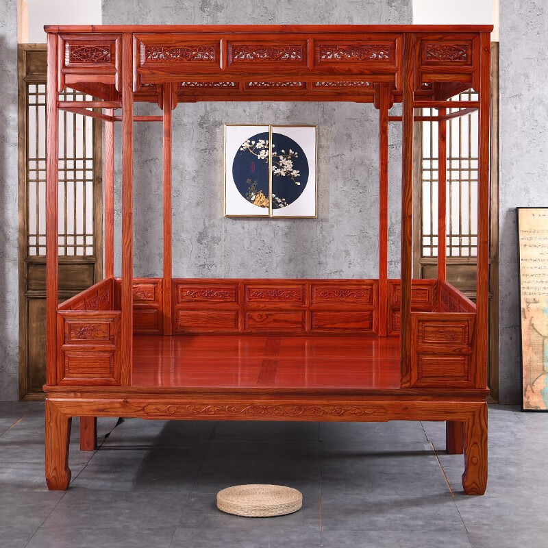 益美老式架子床明清仿古千工拔步床踏步床榆木复古月洞实木双人古代床