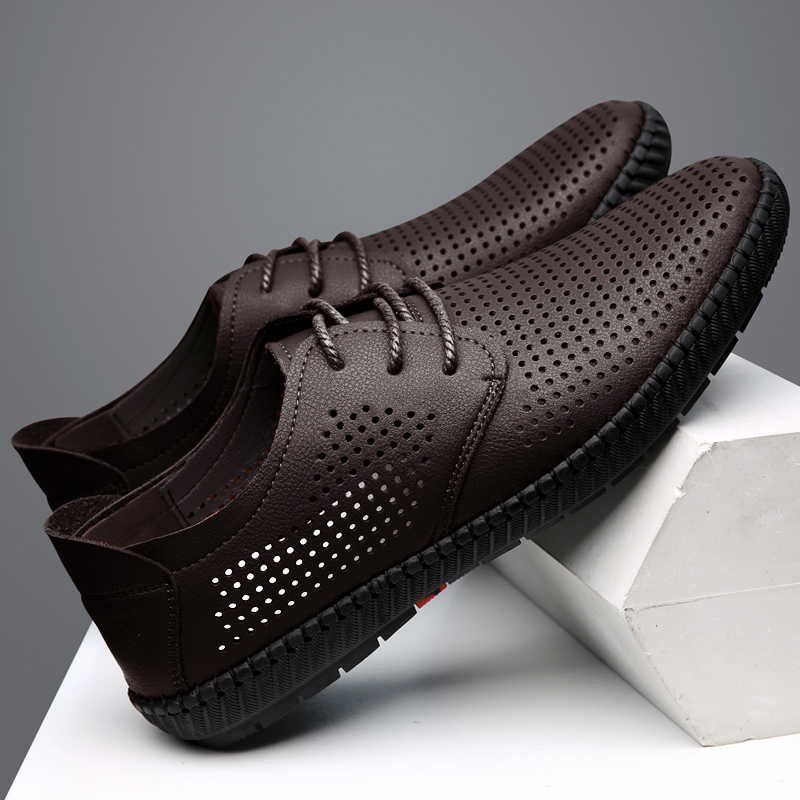 lrt真皮男士凉鞋夏季2022新款休闲凉皮鞋男款洞洞软底透气时尚男鞋 深