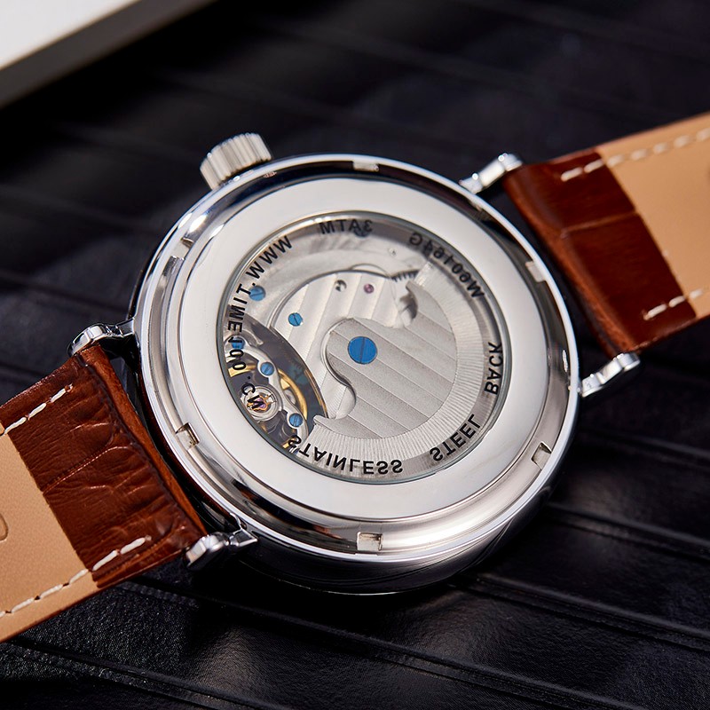 时光一百（TIME100）手表机械表飞轮全自动多功能月相牛皮休闲男表生日送男友生日礼物 复古飞轮机械两地时月相米咖