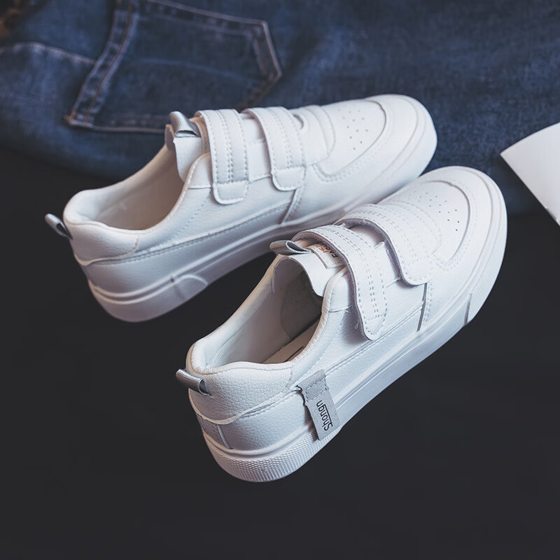京功小白鞋无鞋带不系鞋带的女魔法贴免系带学生无带运动休闲 白银色