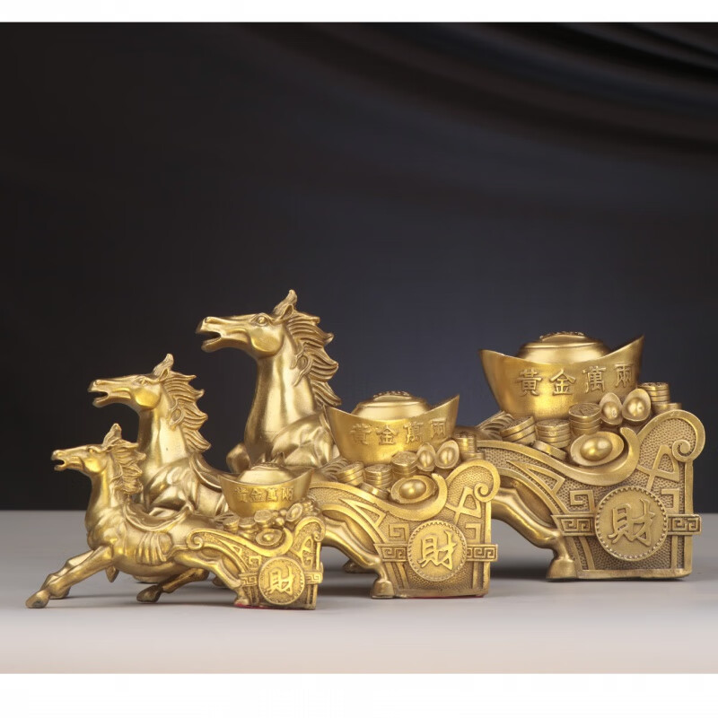 铜马 金马拉车 马拉元宝家居办公室金属工艺品摆件 铜马新款桌面 大号  长宽高 35X 11X 19 厘米