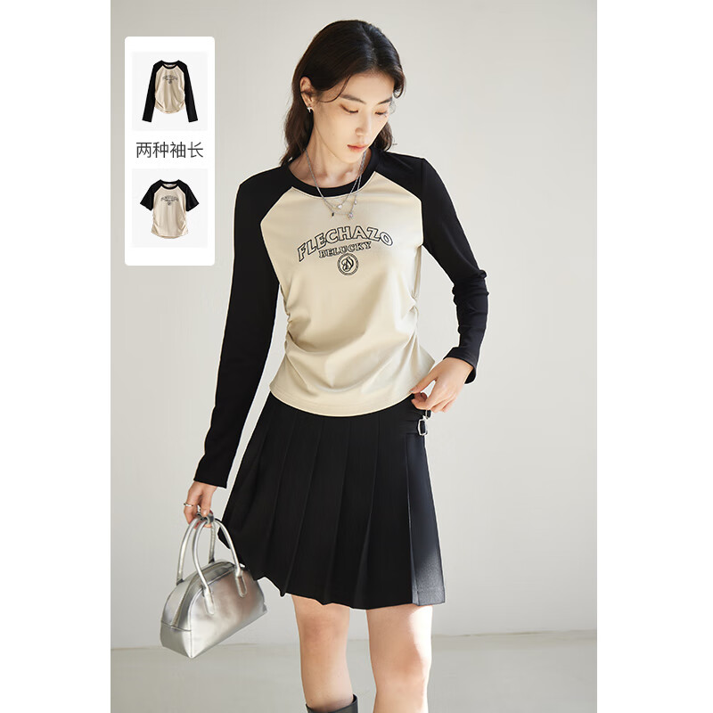 独束大码女装新复古回潮百搭显瘦T恤2024秋季新款圆领长袖上衣 咖撞黑色-短袖 M (尺码：1)