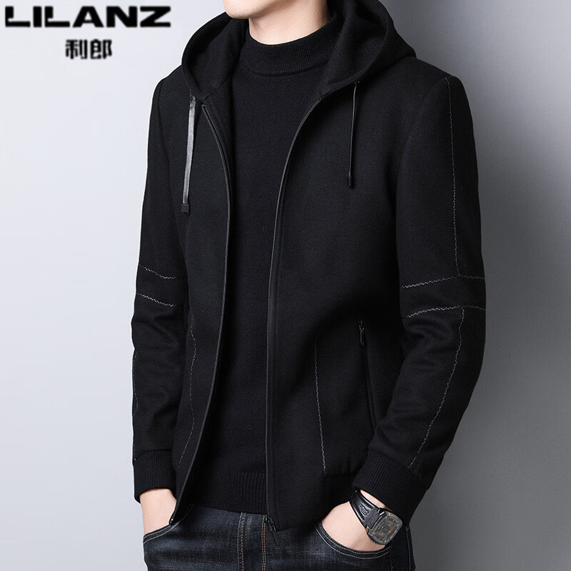 利郎男装羊毛呢连帽夹克秋冬季男士短款毛呢外套青年纯色休闲上衣