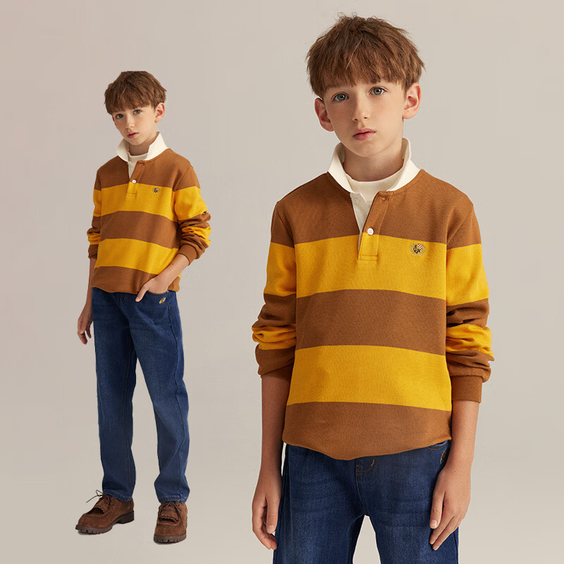 E·LAND KIDS童装2023年冬季新品男童美式宽条纹POLO领长袖T恤 Brown棕色/85 140cm
