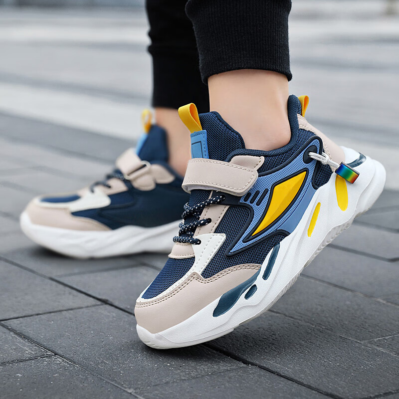 贝天熊童鞋春秋儿童运动鞋男女童轻便耐磨革面低帮鞋魔术贴网面运动鞋 YD1876深蓝【双网】 34 内长21.4/脚20.4