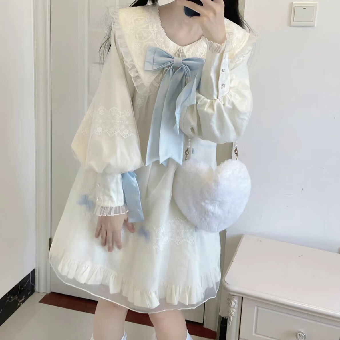 nzglr韩版奶系甜美女生少女感蓬蓬公主裙超甜可爱蝴蝶结遮肉显瘦长袖