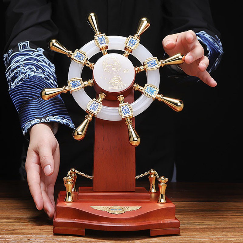 碧琉璃(biliuli)玉石领航舵商海掌舵手办公室桌面摆件实木轮船舵公司