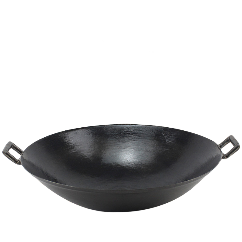 蘇鉑仕老式雙耳炒鍋傳統(tǒng)生鐵無涂層加厚鑄鐵圓底尖底家用柴雞大鐵鍋 44cm口徑（無鍋蓋+鍋刷+鍋耳套）