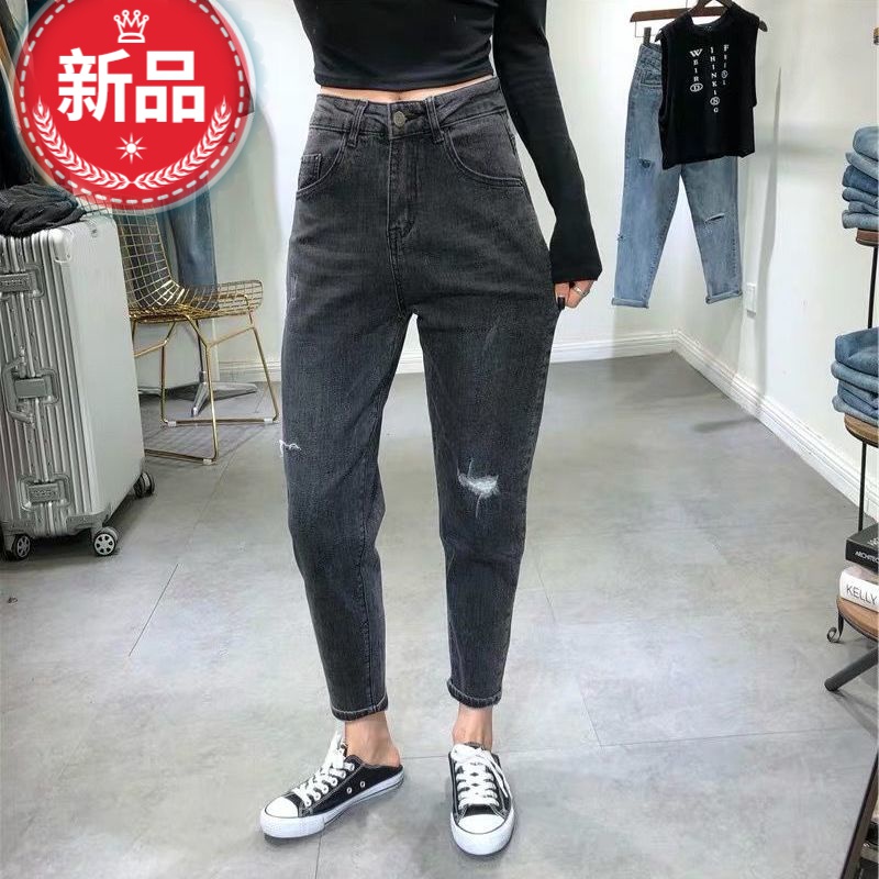 老爹裤广州新塘牛仔裤女式妈妈时尚牛仔裤松紧腰老爹裤牛仔裤女200斤