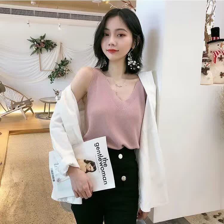 怡曼芙吊带背心女外穿夏季无袖针织衫韩版凉感V领短款冰丝打底衫上衣潮 粉色 均码 -建议85-130斤