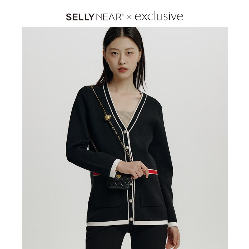 Sellynear孕妇装秋季新款针织开衫通勤上衣V领经典小香风外套孕妈毛衣舒适 黑色 S