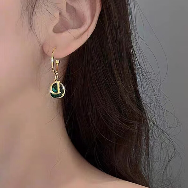 KRISTEN JUDI祖母绿色耳环女银针字母耳钉长款耳饰轻奢送妈妈女友520生日礼物 绿色耳环生日礼物礼盒包装