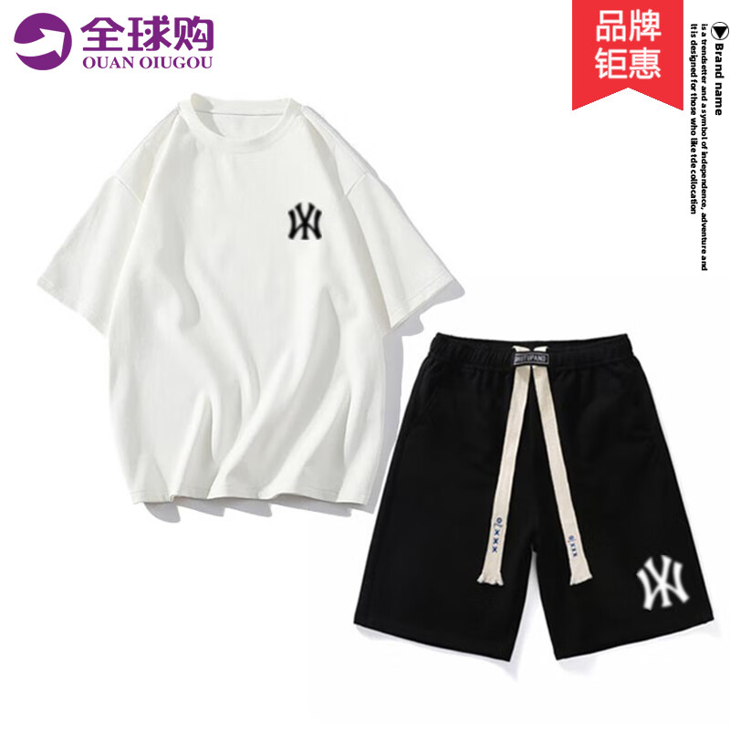 MR-90官方潮牌純棉短袖套裝男女情侶款夏季潮流休閑一套T恤短褲兩件套 白色短袖+黑色短褲（NE01） XL（建議150-170斤）