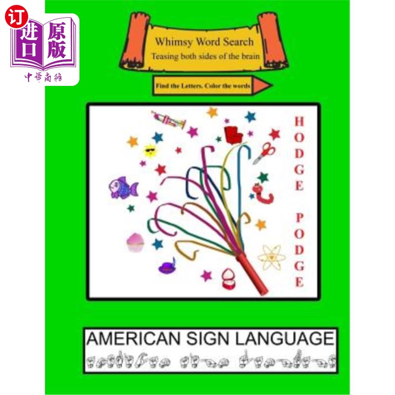 海外直订whimsy word search coloring books, hodge podge, asl 异想