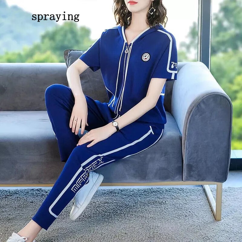spraying设计品牌大码女装冰丝运动服套装女洋气减龄胖mm夏季时尚休闲