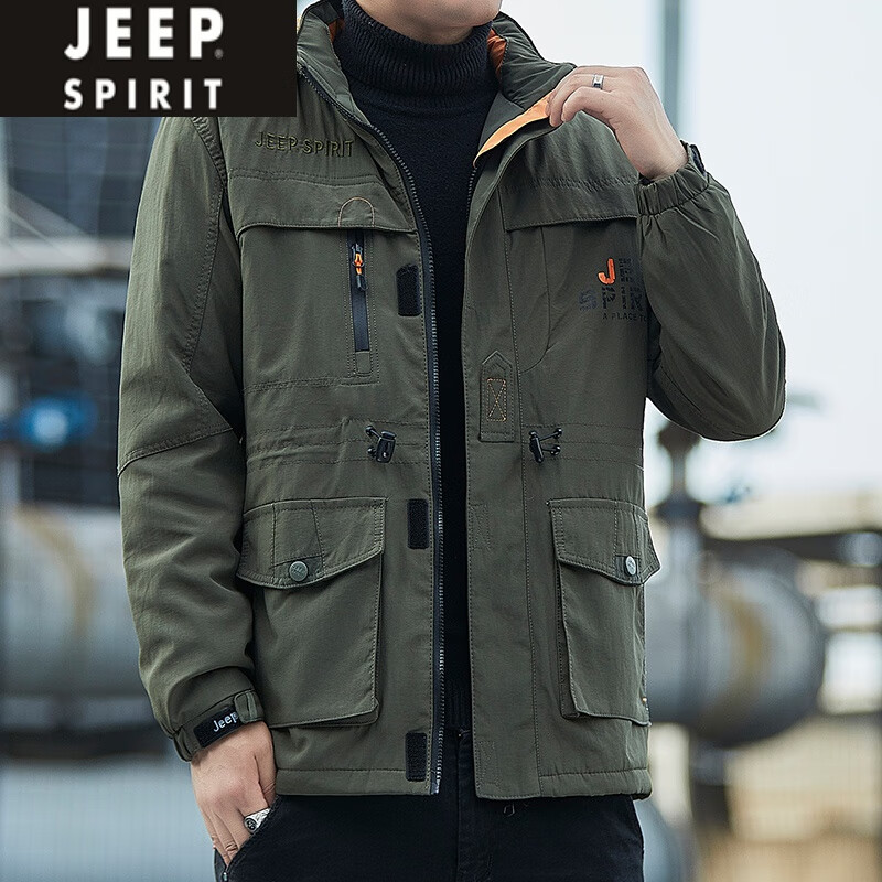 JEEP SPIRIT冬季加绒加厚多口袋工装棉衣男士大码宽松户外登山外套保暖冲锋衣 军绿色 L