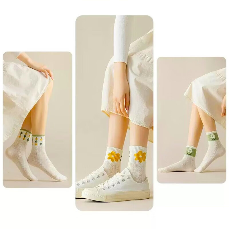 米大爷10双袜子女春秋季中筒棉袜吸汗透气女袜小花休闲百搭潮流女士袜子 小花款中筒女袜 10双 均码