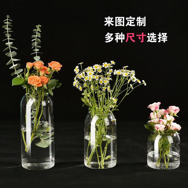 纤丰奇 ins风透明玻璃大肚花瓶制品塑料花鲜花罐饰摆件简约玻璃 直径9*高10厘米