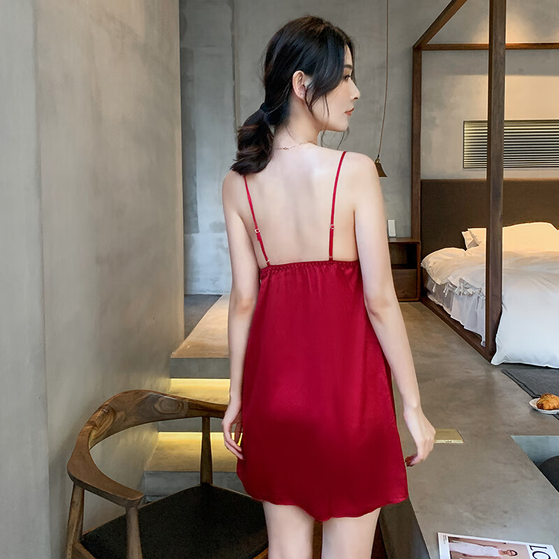 萧淑妃两套价春秋季仿真丝绸情侣睡衣性感带胸垫冰丝吊带睡裙睡袍家居服 231喜庆红 女生XXL码+男生XL码