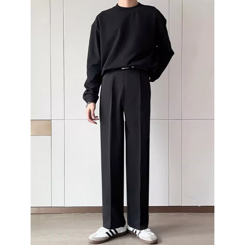 以舟大码西裤英伦雅痞白色西装裤感垂感加长裤子男高个子 黑色 s