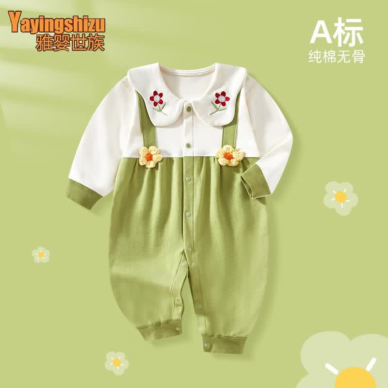 衣服春秋女宝宝哈衣长袖爬服外出 绿色小花朵 66码建议身高60-66/14斤