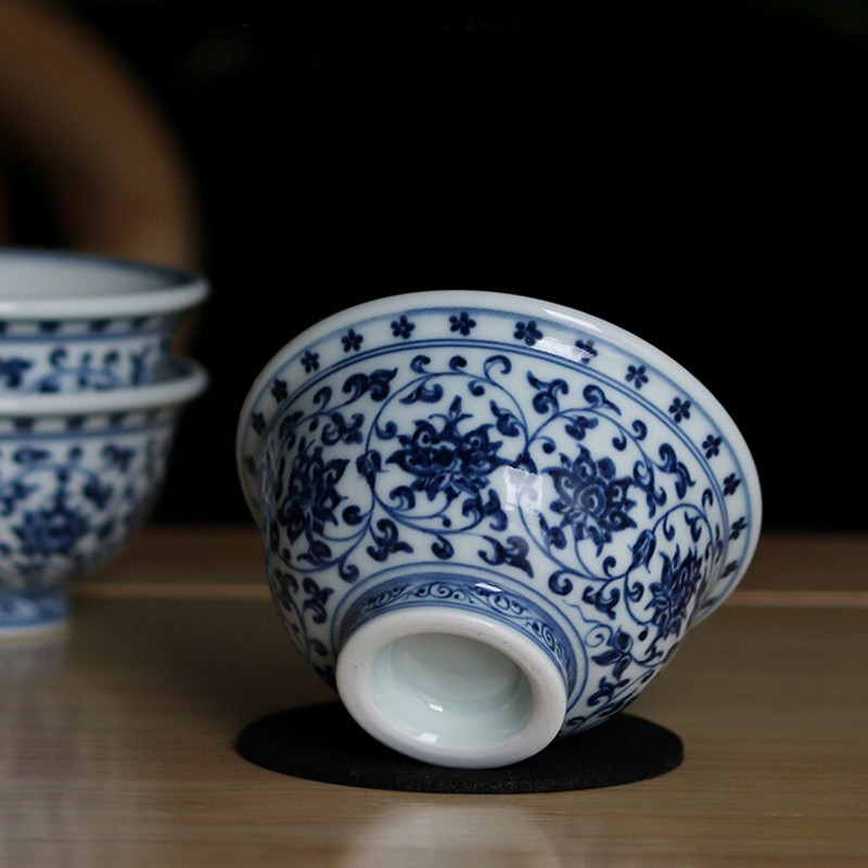 御嘉斋景德镇茶具柴窑仿古明永乐青花缠枝莲压手杯手绘仿古茶杯高档礼物 1:1复刻纯手工双狮款