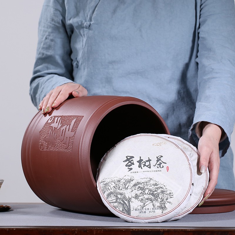 紫来顺宜兴紫砂茶叶罐家用大号防潮七子饼茶饼普洱茶叶收纳储存罐密封罐 吉祥款