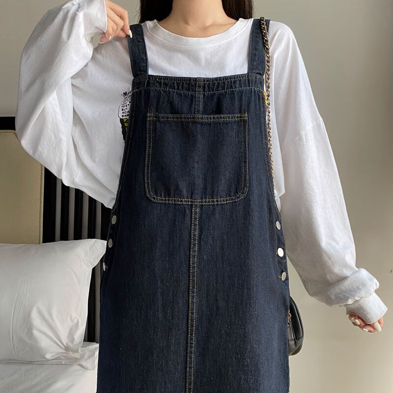 拓猴(tuohou)春天小个子初高中女生背带牛仔裙深蓝色牛仔背带裙女春季