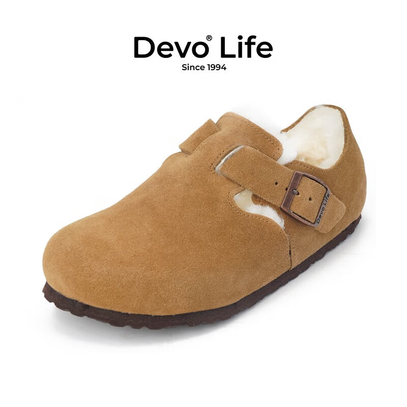 Devo Life的沃软木鞋休闲冬季毛加绒内里保暖包头软木包头女鞋96008黄棕反绒皮+白毛 37