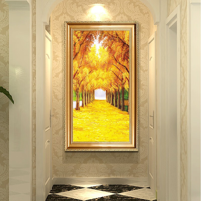梦彩阁欧式纯手绘油画玄关装饰画多款走廊过道竖版挂画林间小道装饰画