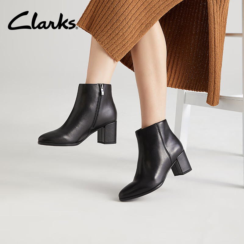 Clarks其乐芙蕾瓦系列女鞋时尚复古潮流舒适粗跟拉链及踝靴短靴 黑色 261747974 35.5