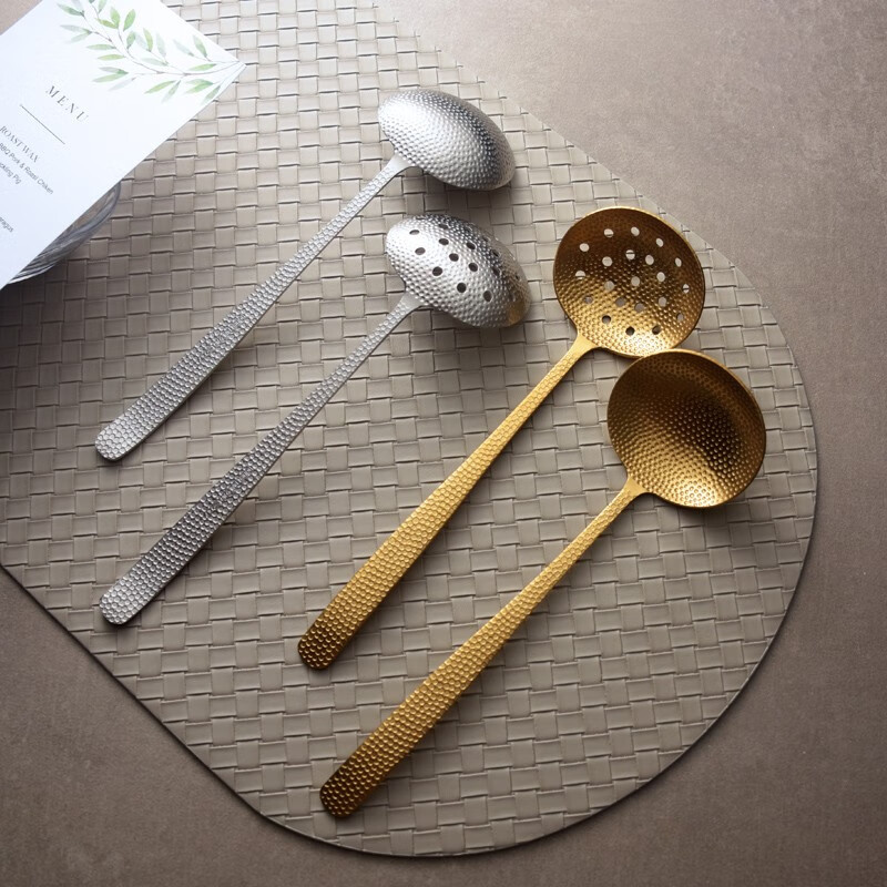 欧顶锤纹轻奢汤勺304不锈钢加深家用火锅汤漏勺过滤勺盛汤喝汤 银色汤