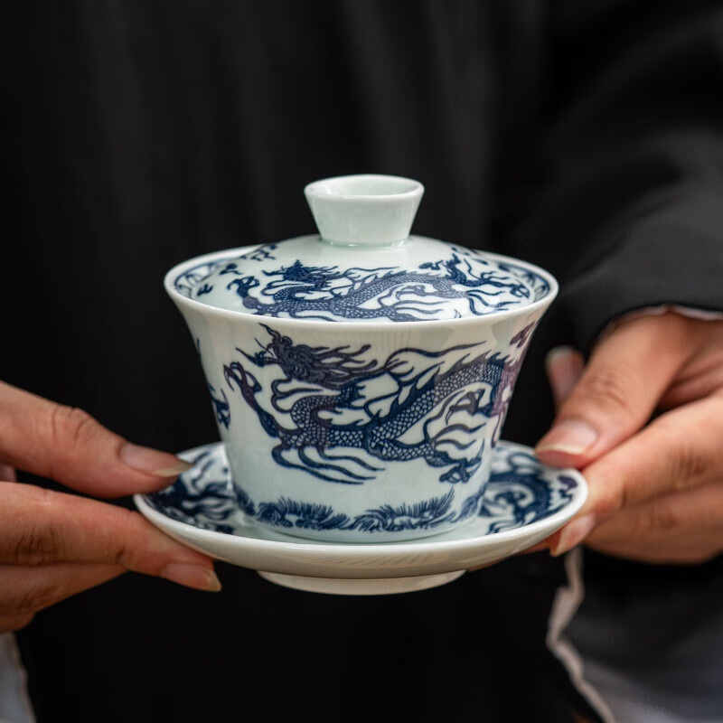 希格鲨羊脂玉白瓷盖碗可悬停旋转陶瓷单个三才防烫茶具套装茶碗茶杯 悬停盖碗+两茶杯[龙腾四海]