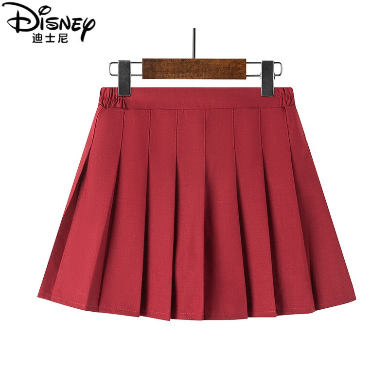 迪士尼（Disney）中小学生女童校服裙酒红色格子裙学院风半身百褶短裙子黑深蓝夏季 酒红 S(100-114CM) 参照体重25-40