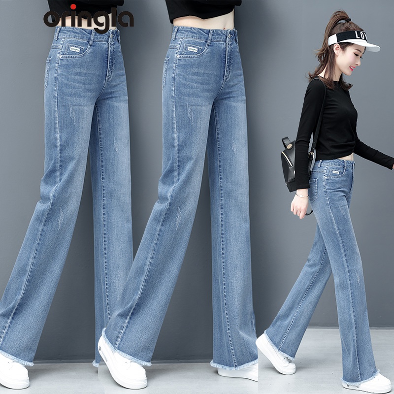 高腰牛仔裤女春秋季新款潮阔腿裤宽松垂感毛边直筒裤微喇叭长裤 135