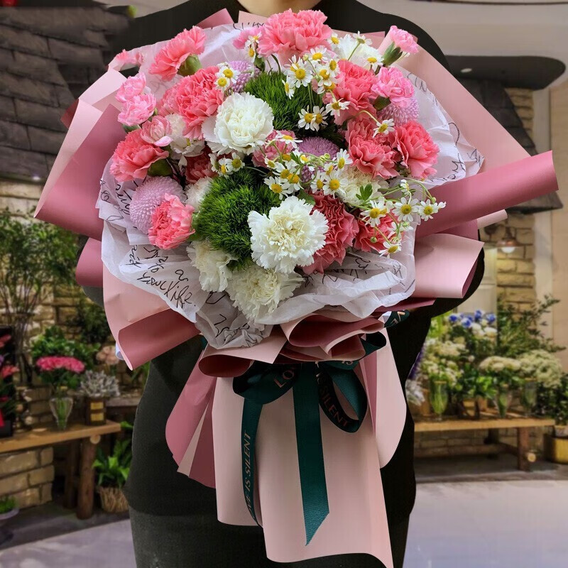 岚黛三八节同城配送粉色康乃馨韩式花束生日礼物探望拜访送妈妈老师