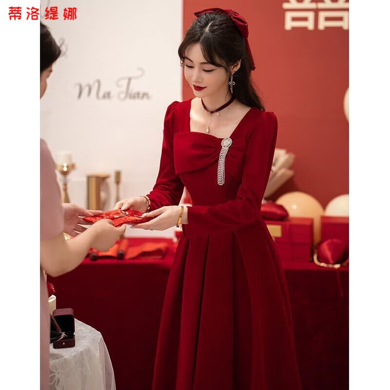 长款敬酒服新款秋冬季新娘结婚订婚宴会小礼服连衣裙气质优雅 酒红色