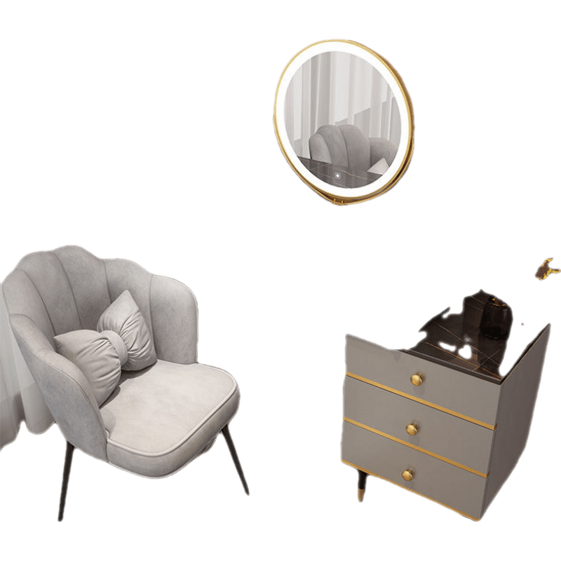 千番町 梳妆台卧室现代简约小户型网红ins风化妆桌床头柜一体轻奢仿岩板女化妆台 灰黑80CM桌+边柜+镜+花瓣椅 整装